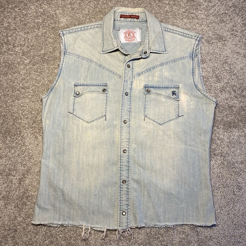 Christian Audigier Mens Large Light Wash Denim Western Sleeveless Snap‎ Shirt L